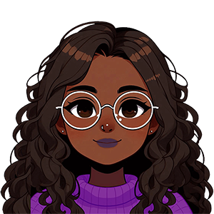 Mima as a cartoon wearing glasses and curly hair